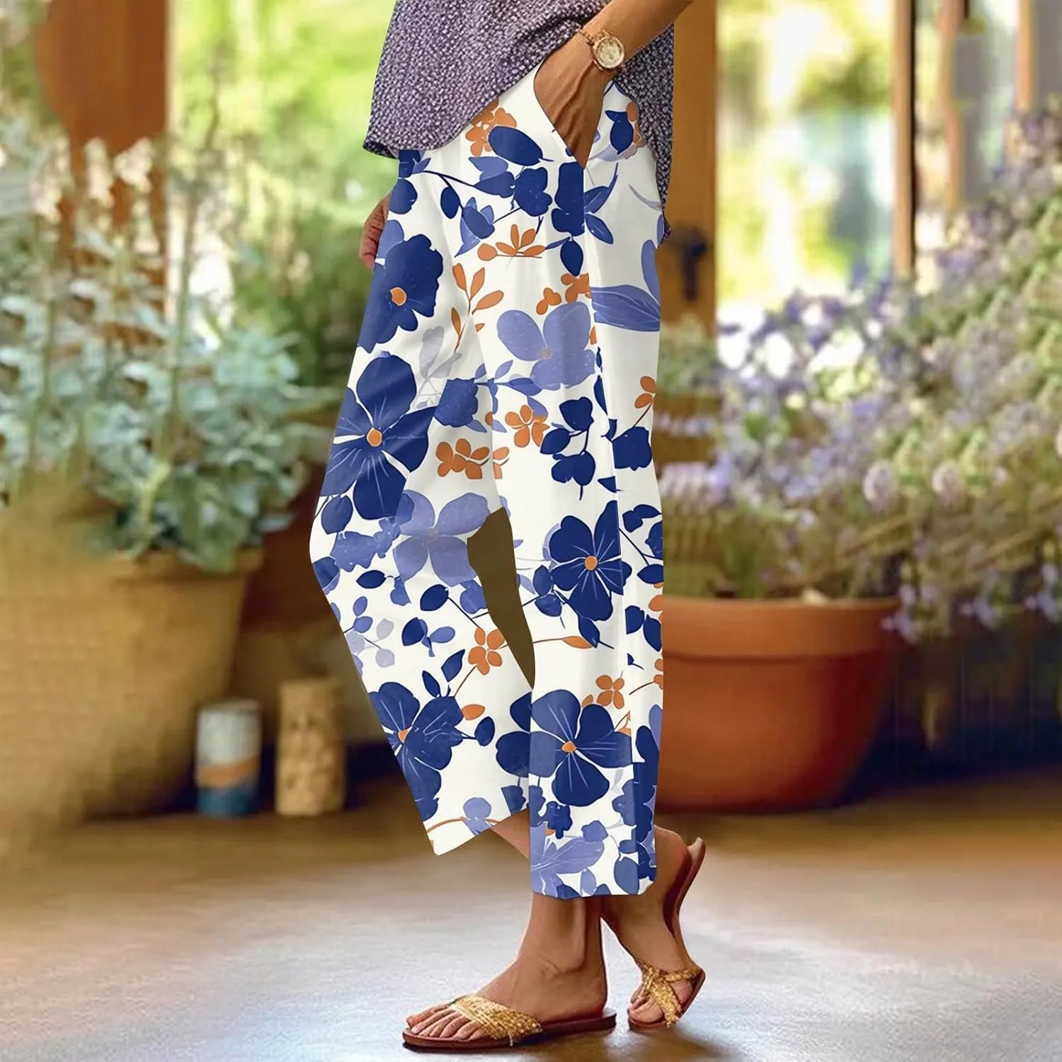 Linen Tall Pants for Women Summer Loose Fit Elastic Waist Wide Leg Pants Soft High Waist Straight Floral Print Outfits