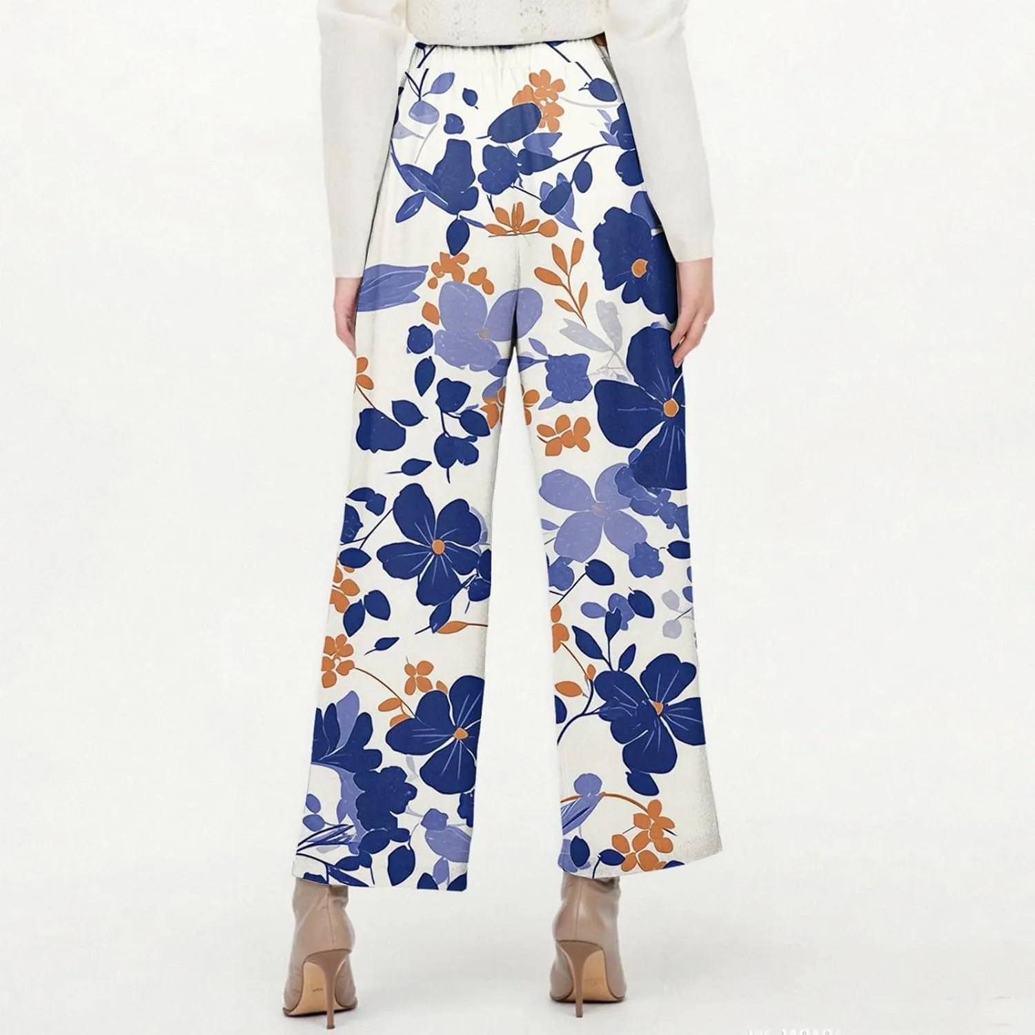 Linen Tall Pants for Women Summer Loose Fit Elastic Waist Wide Leg Pants Soft High Waist Straight Floral Print Outfits