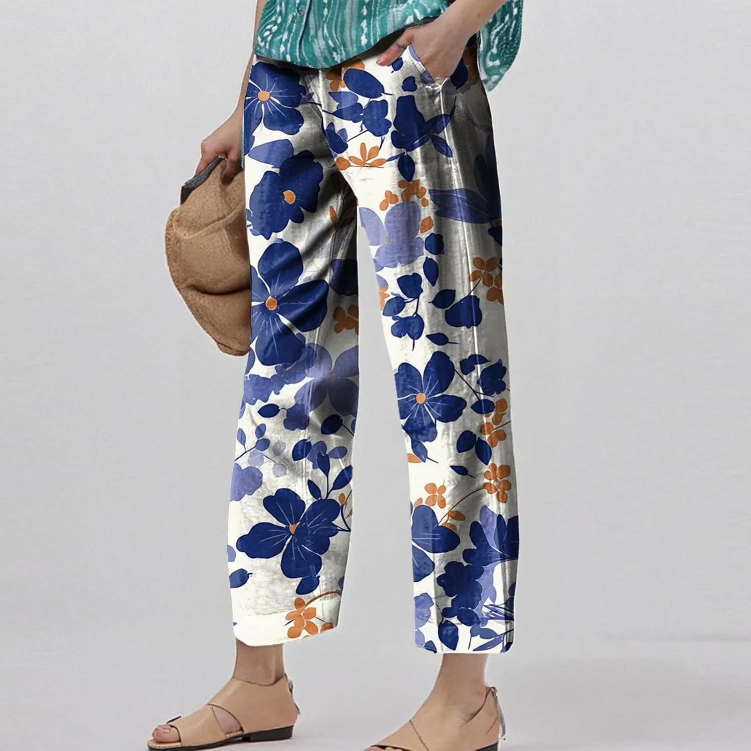 Linen Tall Pants for Women Summer Loose Fit Elastic Waist Wide Leg Pants Soft High Waist Straight Floral Print Outfits