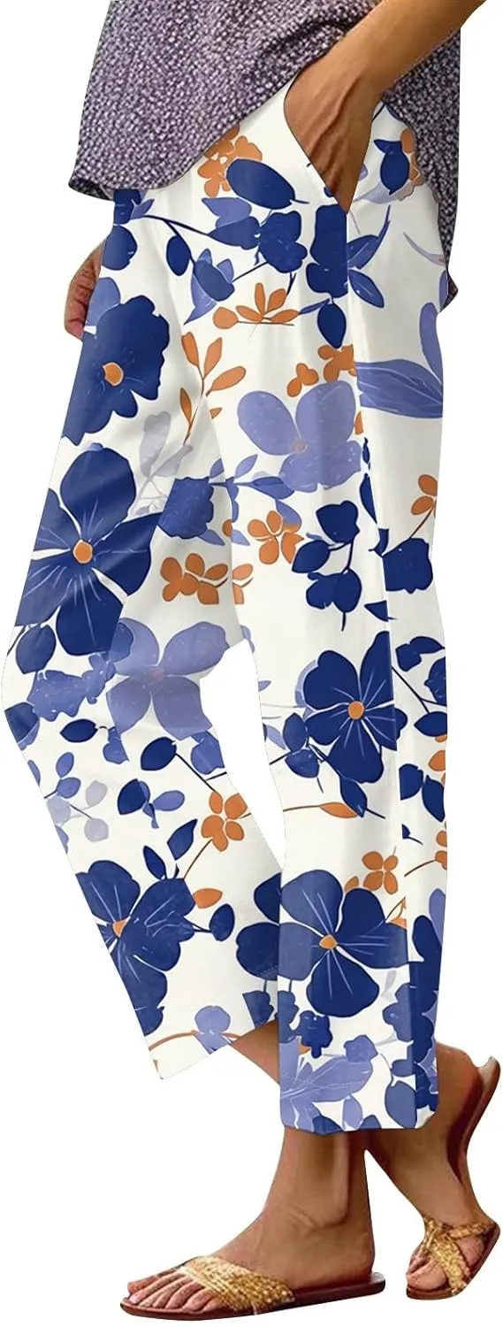 Linen Tall Pants for Women Summer Loose Fit Elastic Waist Wide Leg Pants Soft High Waist Straight Floral Print Outfits