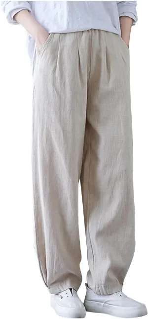 Lmdudan Women's Cotton Linen Straight Wide Leg Pants Elastic Waist Palazzo Trousers 2025 Summer Solid Lounge Pant with Pocket