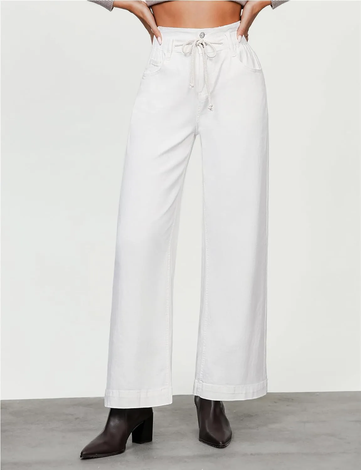 LookbookStore Womens Jeans Wide Leg High Waisted Trendy Elastic Wasit Drawstring Stretch Denim Pants Baggy Trouser Jeans