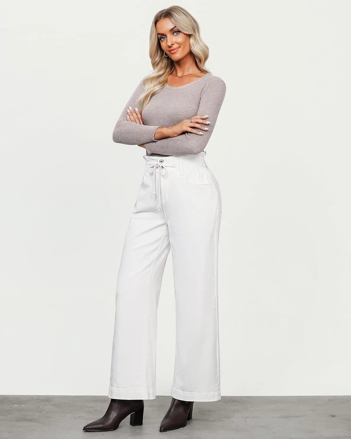 LookbookStore Womens Jeans Wide Leg High Waisted Trendy Elastic Wasit Drawstring Stretch Denim Pants Baggy Trouser Jeans