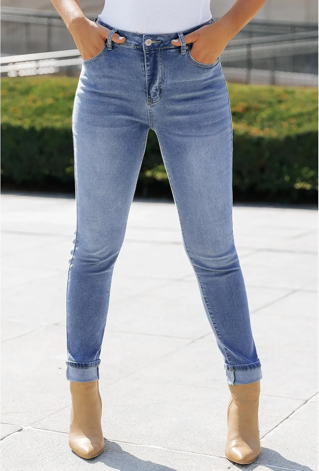 luvamia Skinny Jeans for Women Trendy High Waisted Fold Hem Slim Fit Stretchy Denim Pants Jeggings Jeans with Pockets