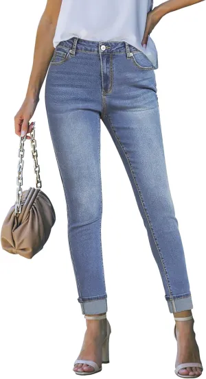 luvamia Skinny Jeans for Women Trendy High Waisted Fold Hem Slim Fit Stretchy Denim Pants Jeggings Jeans with Pockets