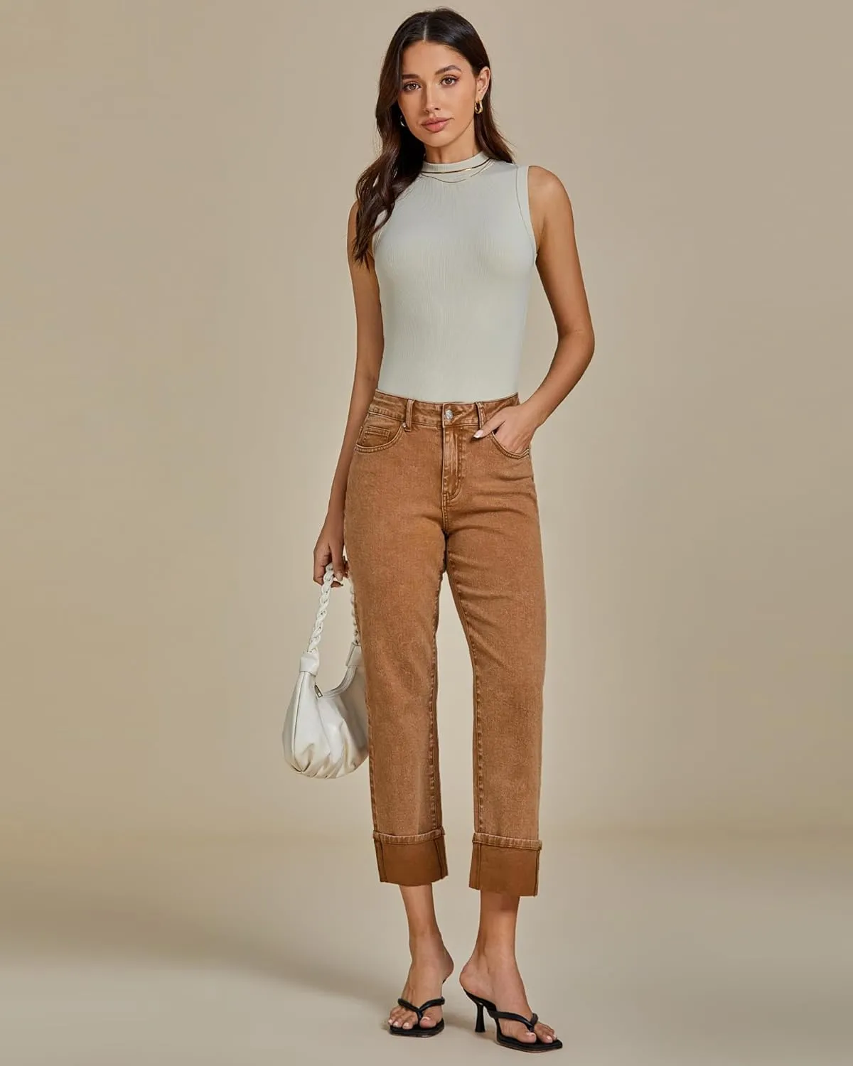 luvamia Straight Leg Jeans for Women Trendy Cropped High Waisted Cuffed Hem Stretchy Boyfriend Capri Jeans with Pockets