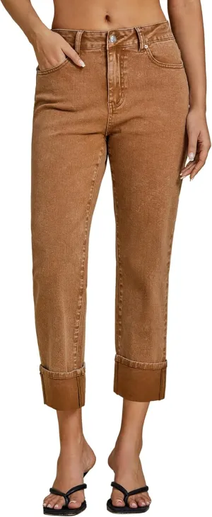 luvamia Straight Leg Jeans for Women Trendy Cropped High Waisted Cuffed Hem Stretchy Boyfriend Capri Jeans with Pockets