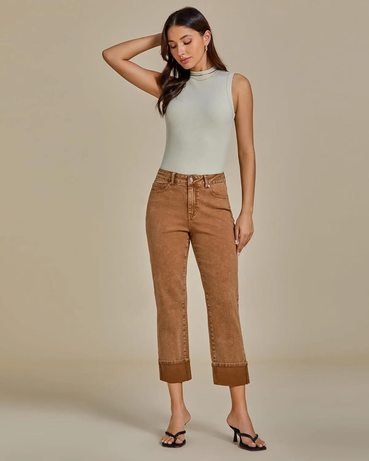 luvamia Straight Leg Jeans for Women Trendy Cropped High Waisted Cuffed Hem Stretchy Boyfriend Capri Jeans with Pockets