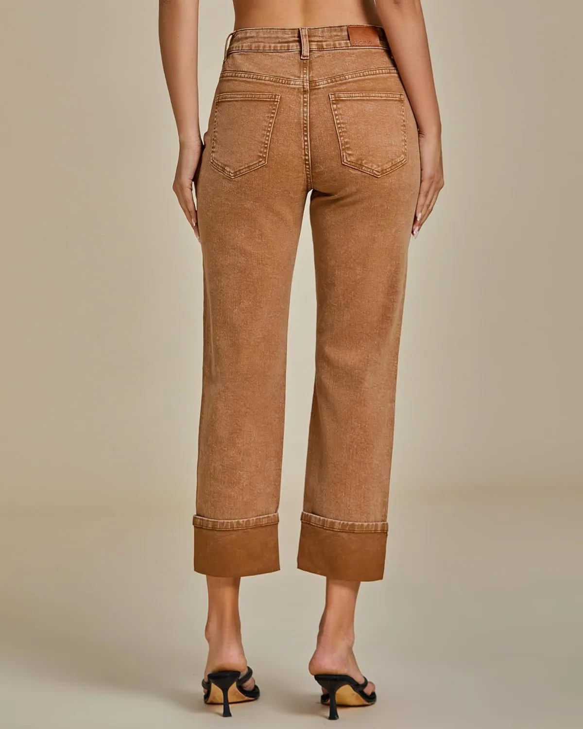 luvamia Straight Leg Jeans for Women Trendy Cropped High Waisted Cuffed Hem Stretchy Boyfriend Capri Jeans with Pockets
