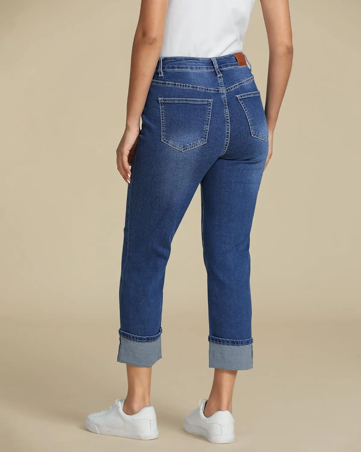 luvamia Straight Leg Jeans for Women Trendy Cropped High Waisted Cuffed Hem Stretchy Boyfriend Capri Jeans with Pockets