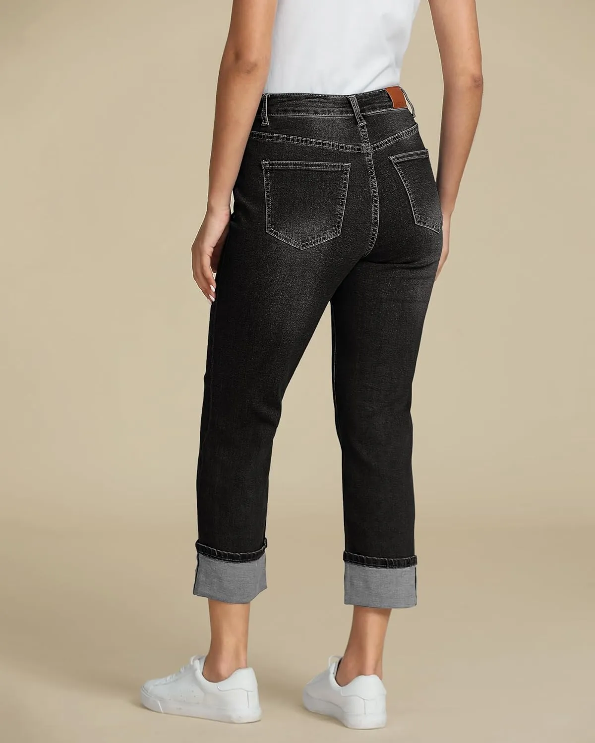 luvamia Straight Leg Jeans for Women Trendy Cropped High Waisted Cuffed Hem Stretchy Boyfriend Capri Jeans with Pockets