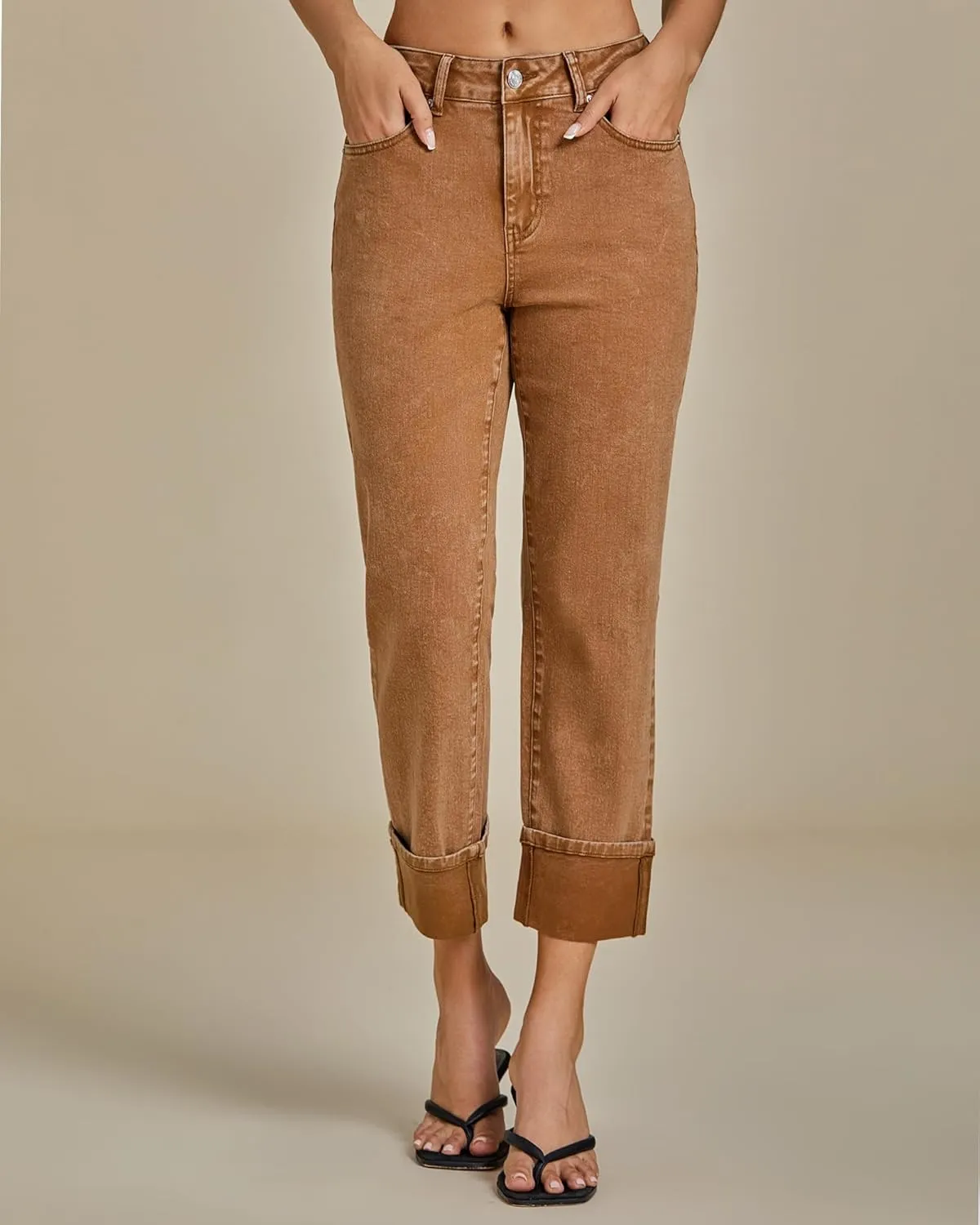 luvamia Straight Leg Jeans for Women Trendy Cropped High Waisted Cuffed Hem Stretchy Boyfriend Capri Jeans with Pockets