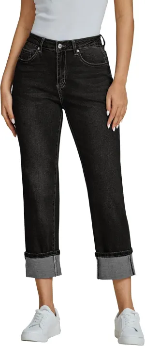 luvamia Straight Leg Jeans for Women Trendy Cropped High Waisted Cuffed Hem Stretchy Boyfriend Capri Jeans with Pockets