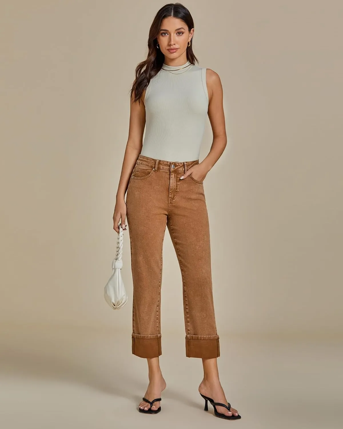 luvamia Straight Leg Jeans for Women Trendy Cropped High Waisted Cuffed Hem Stretchy Boyfriend Capri Jeans with Pockets