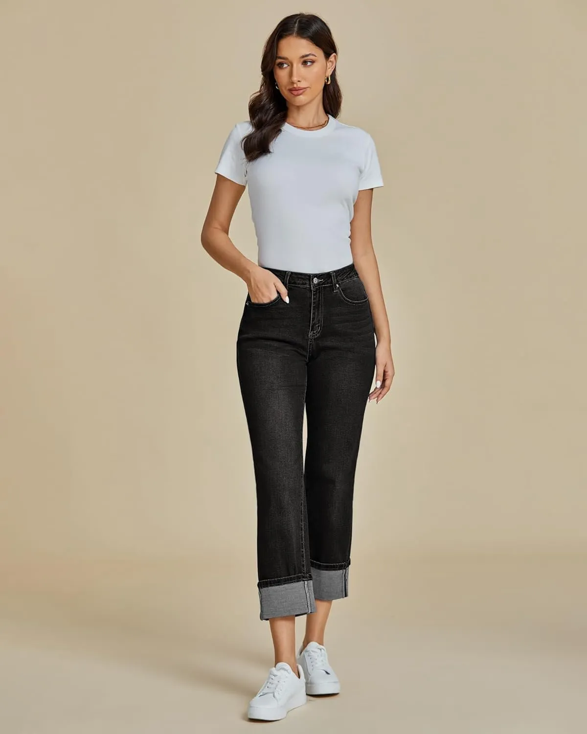luvamia Straight Leg Jeans for Women Trendy Cropped High Waisted Cuffed Hem Stretchy Boyfriend Capri Jeans with Pockets