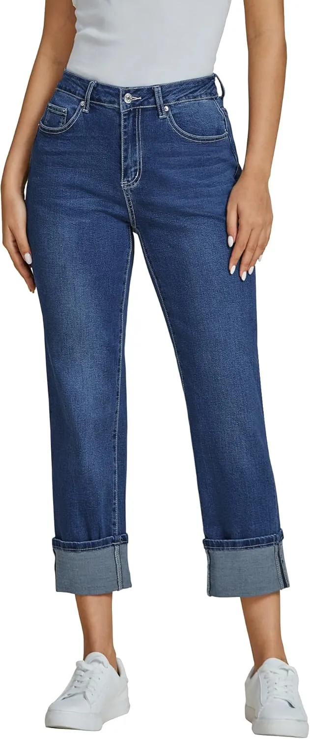 luvamia Straight Leg Jeans for Women Trendy Cropped High Waisted Cuffed Hem Stretchy Boyfriend Capri Jeans with Pockets
