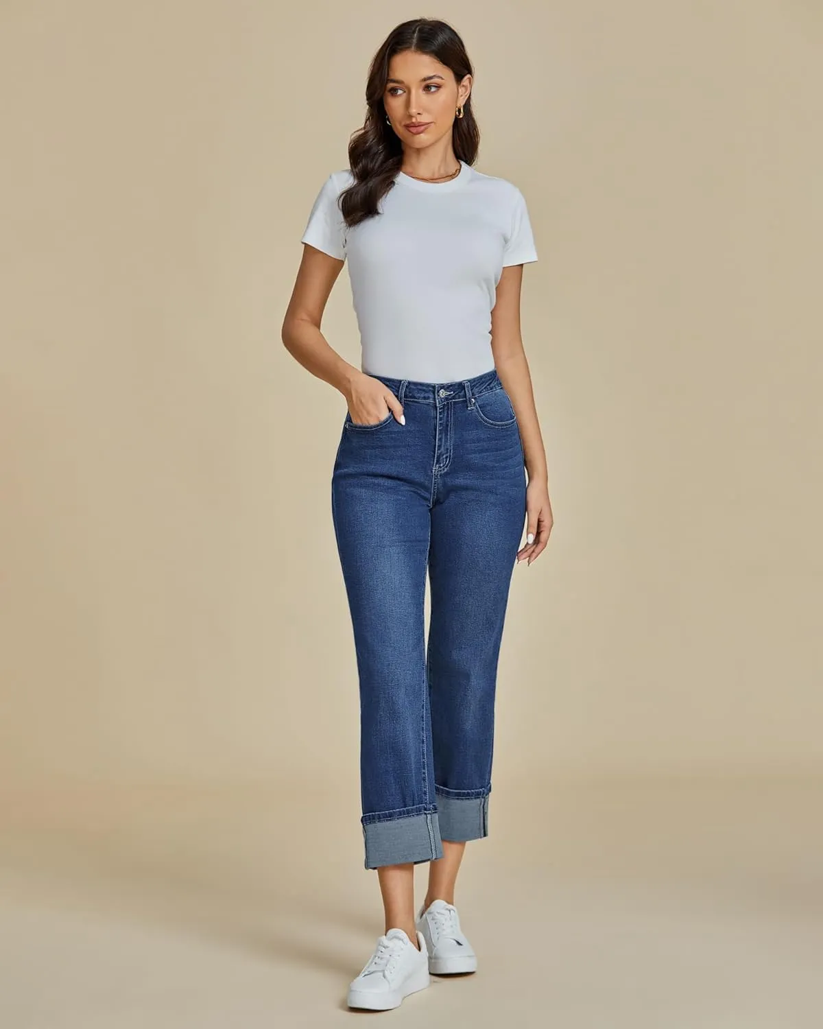 luvamia Straight Leg Jeans for Women Trendy Cropped High Waisted Cuffed Hem Stretchy Boyfriend Capri Jeans with Pockets