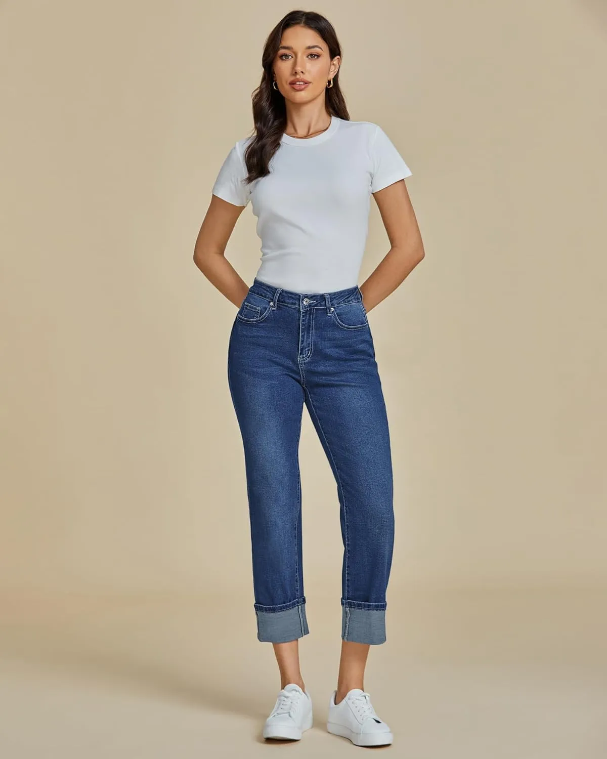 luvamia Straight Leg Jeans for Women Trendy Cropped High Waisted Cuffed Hem Stretchy Boyfriend Capri Jeans with Pockets