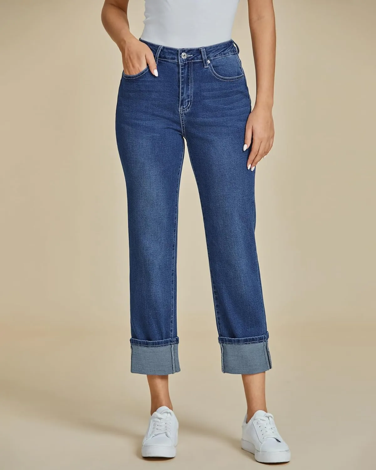 luvamia Straight Leg Jeans for Women Trendy Cropped High Waisted Cuffed Hem Stretchy Boyfriend Capri Jeans with Pockets