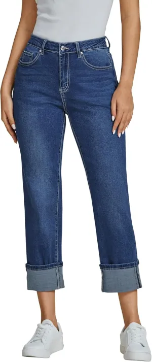 luvamia Straight Leg Jeans for Women Trendy Cropped High Waisted Cuffed Hem Stretchy Boyfriend Capri Jeans with Pockets