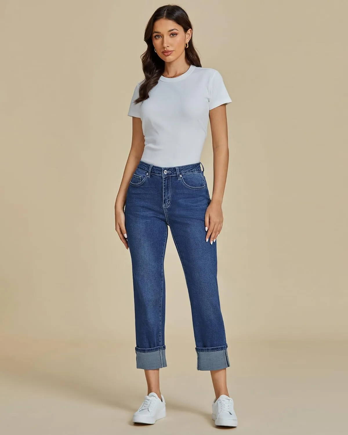 luvamia Straight Leg Jeans for Women Trendy Cropped High Waisted Cuffed Hem Stretchy Boyfriend Capri Jeans with Pockets