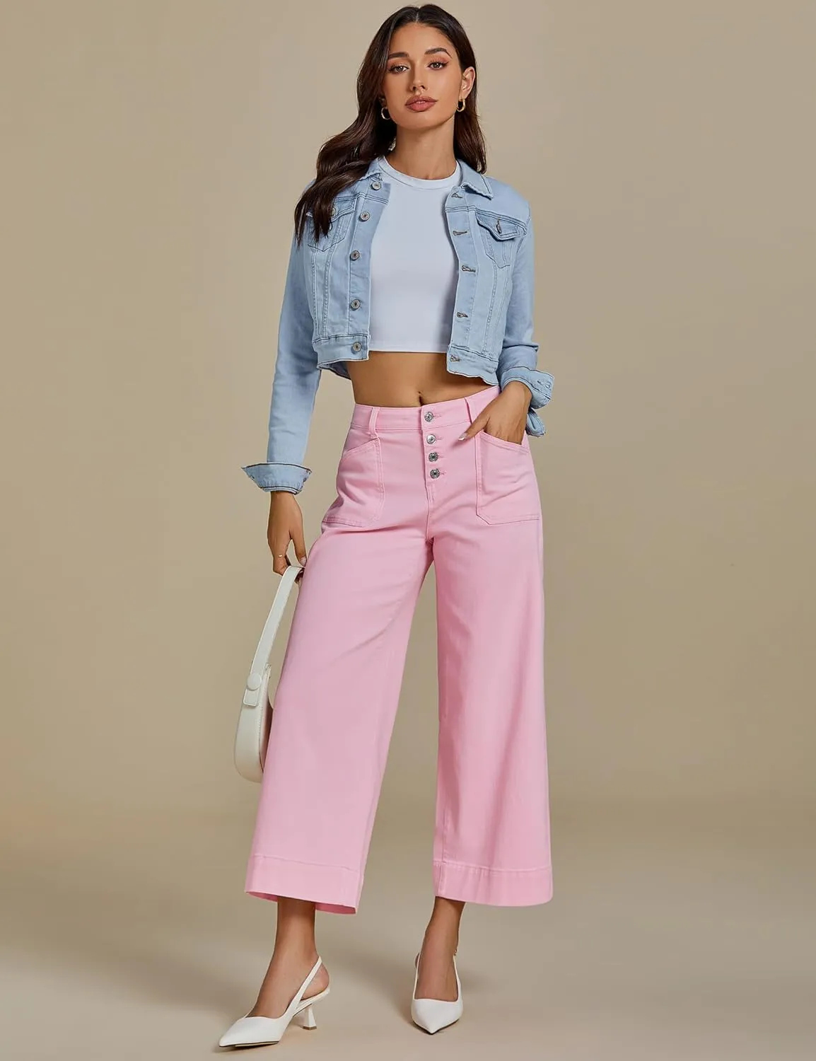 luvamia Wide Leg Jeans for Women Cropped High Waisted Trendy Button Fly Patch Pocket Stretchy Denim Pants Trousers Jeans