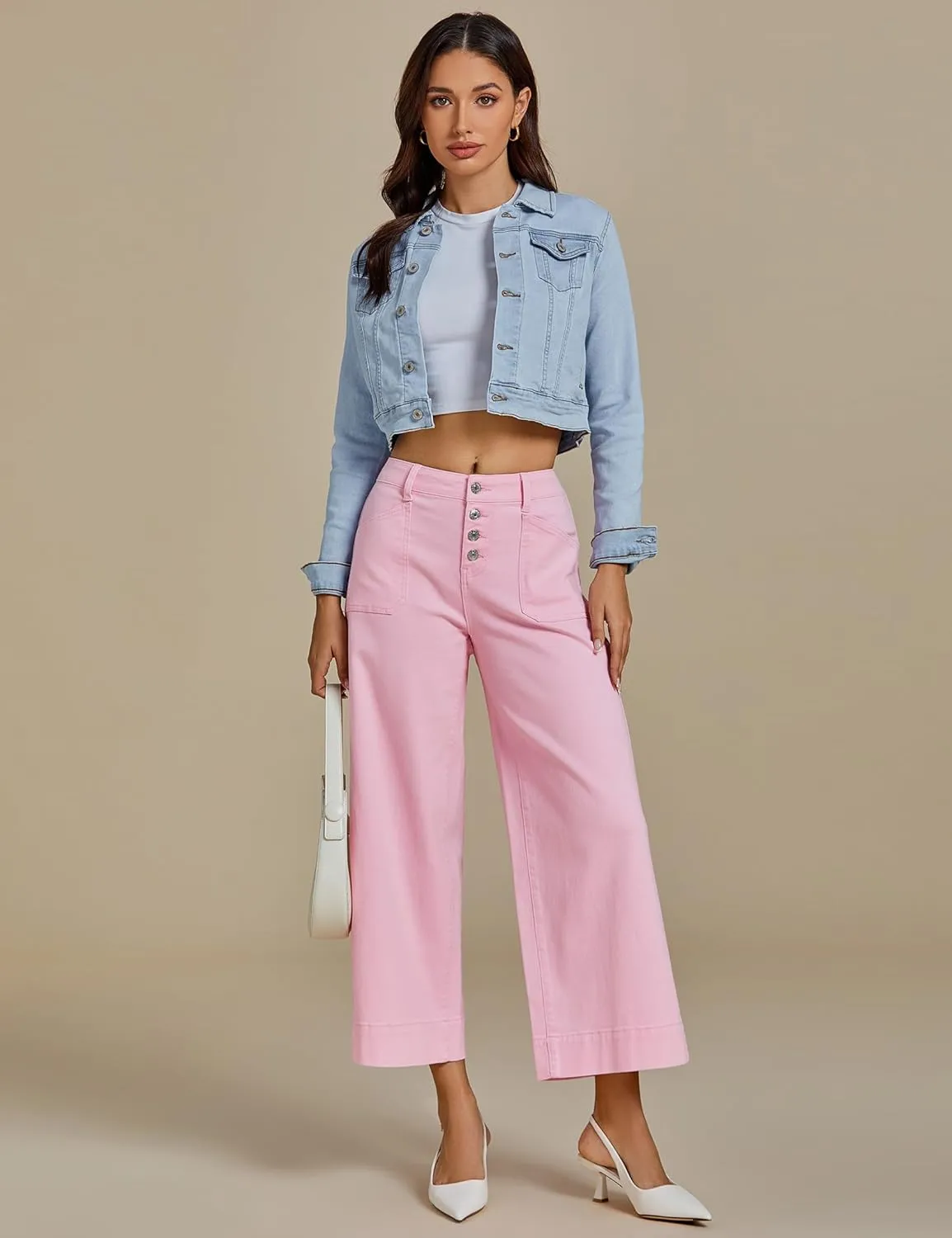luvamia Wide Leg Jeans for Women Cropped High Waisted Trendy Button Fly Patch Pocket Stretchy Denim Pants Trousers Jeans