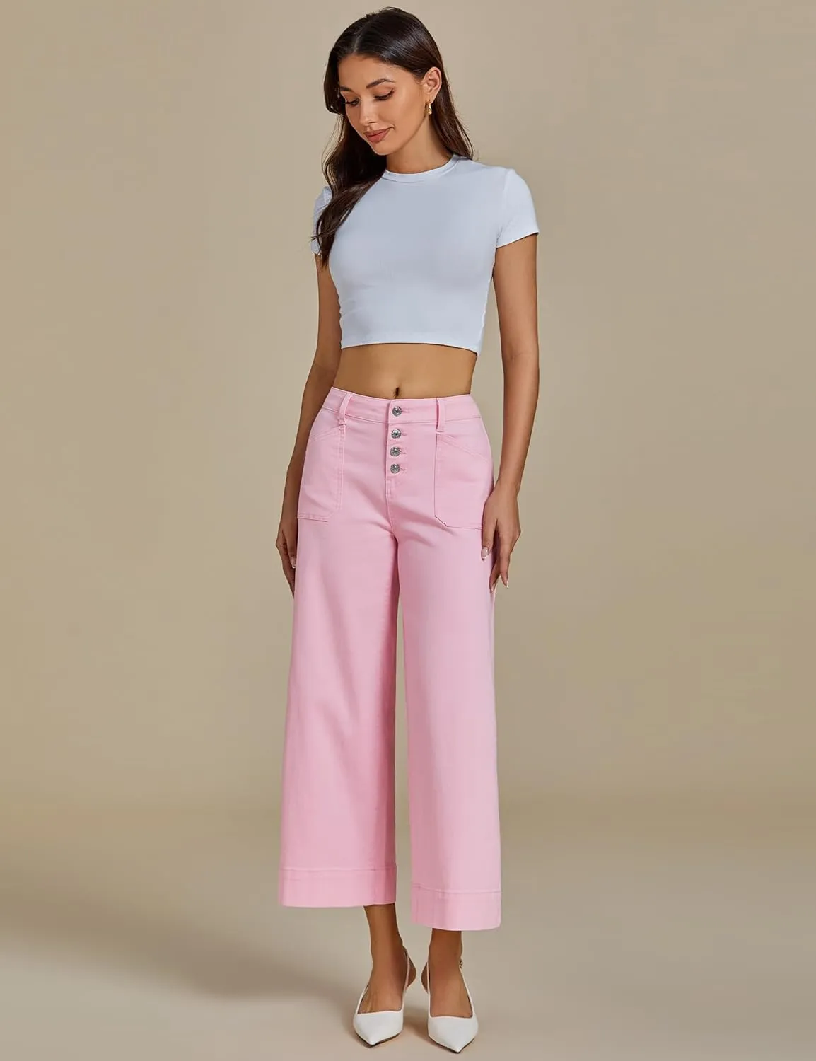 luvamia Wide Leg Jeans for Women Cropped High Waisted Trendy Button Fly Patch Pocket Stretchy Denim Pants Trousers Jeans