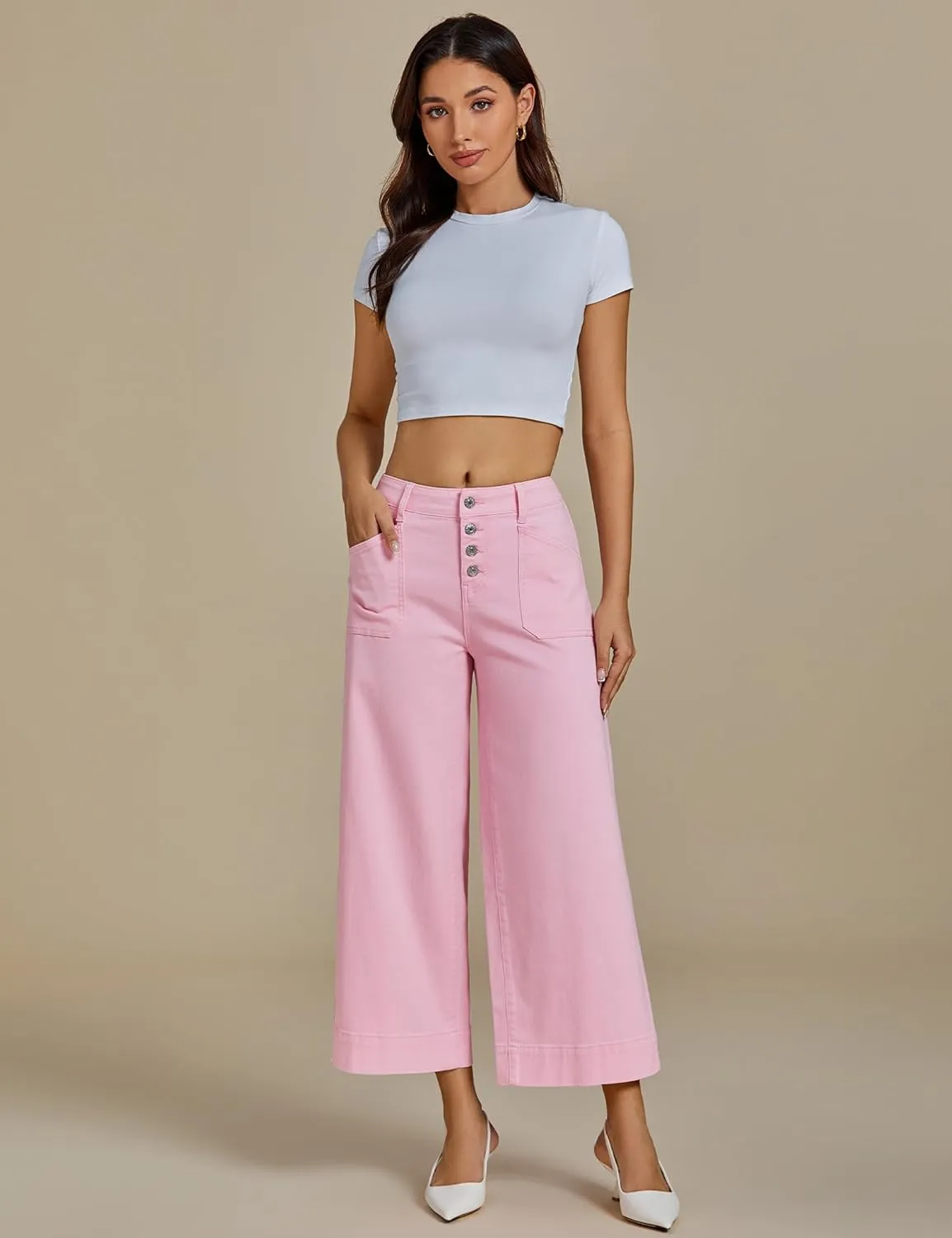 luvamia Wide Leg Jeans for Women Cropped High Waisted Trendy Button Fly Patch Pocket Stretchy Denim Pants Trousers Jeans