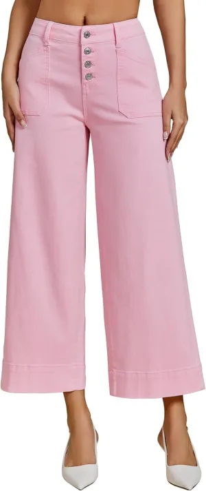 luvamia Wide Leg Jeans for Women Cropped High Waisted Trendy Button Fly Patch Pocket Stretchy Denim Pants Trousers Jeans