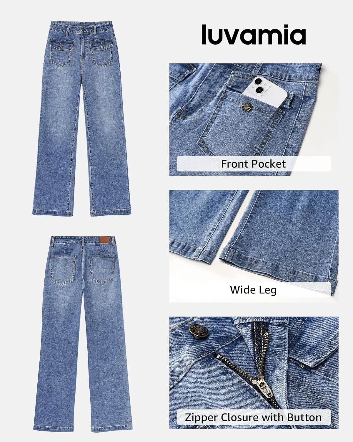 luvamia Wide Leg Jeans Woman High Waisted Trendy Stretchy Denim Work Trouser Jeans with Retro Button Flap Patch Pockets