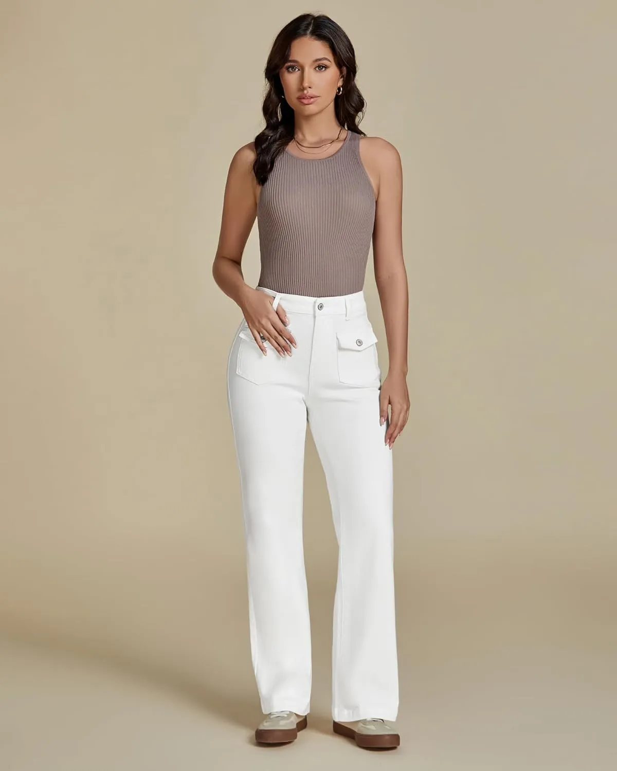 luvamia Wide Leg Jeans Woman High Waisted Trendy Stretchy Denim Work Trouser Jeans with Retro Button Flap Patch Pockets