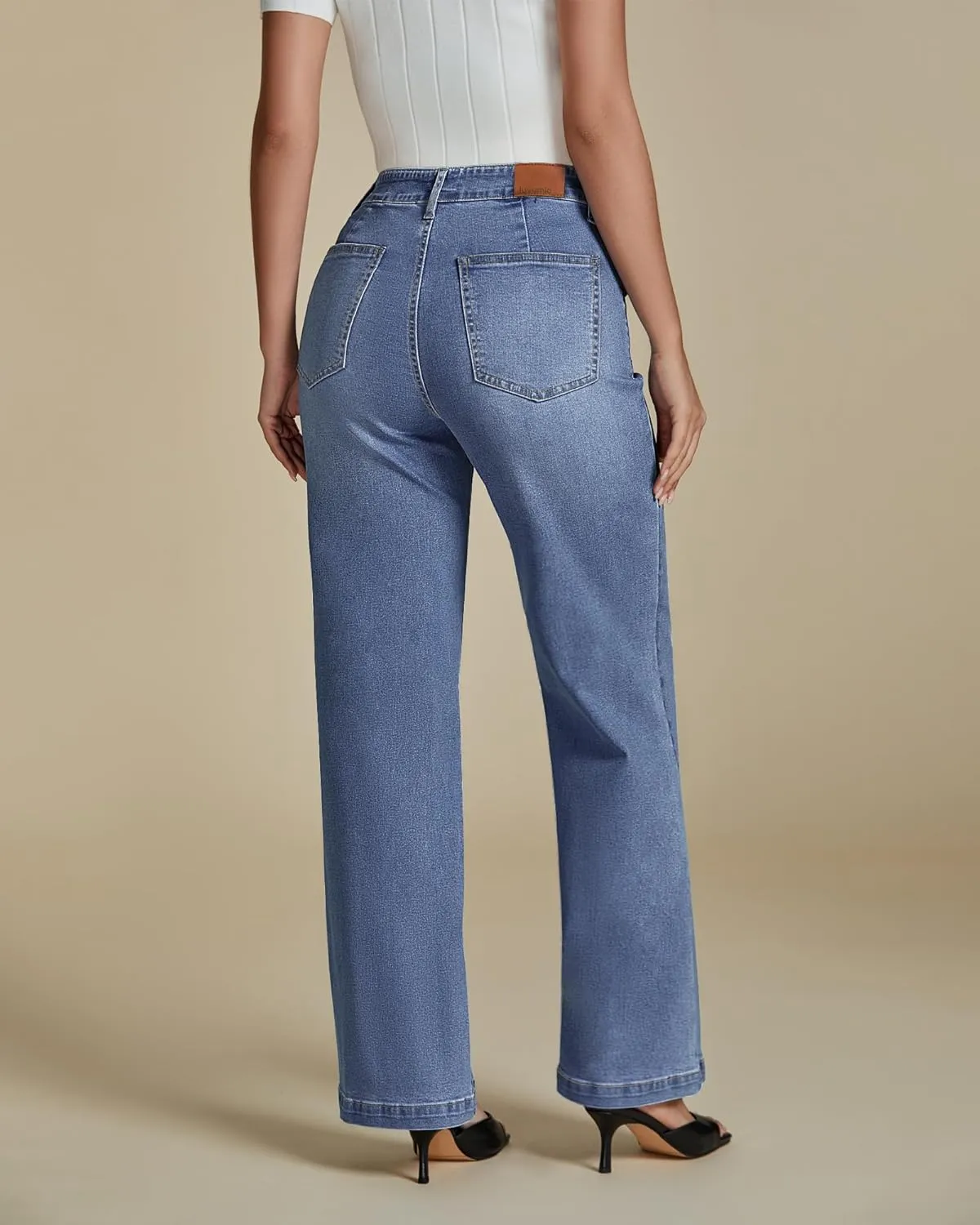 luvamia Wide Leg Jeans Woman High Waisted Trendy Stretchy Denim Work Trouser Jeans with Retro Button Flap Patch Pockets