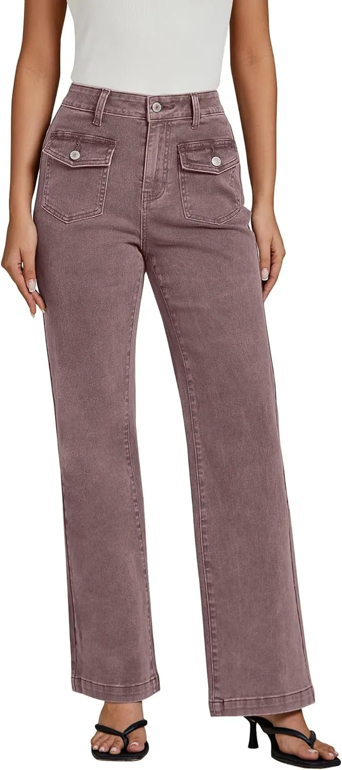 luvamia Wide Leg Jeans Woman High Waisted Trendy Stretchy Denim Work Trouser Jeans with Retro Button Flap Patch Pockets