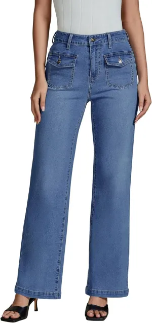 luvamia Wide Leg Jeans Woman High Waisted Trendy Stretchy Denim Work Trouser Jeans with Retro Button Flap Patch Pockets