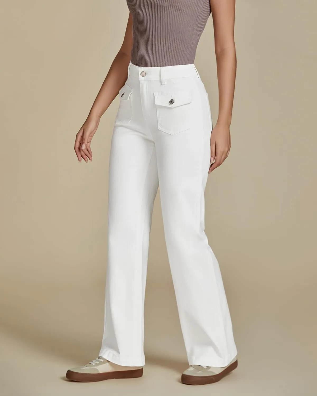 luvamia Wide Leg Jeans Woman High Waisted Trendy Stretchy Denim Work Trouser Jeans with Retro Button Flap Patch Pockets
