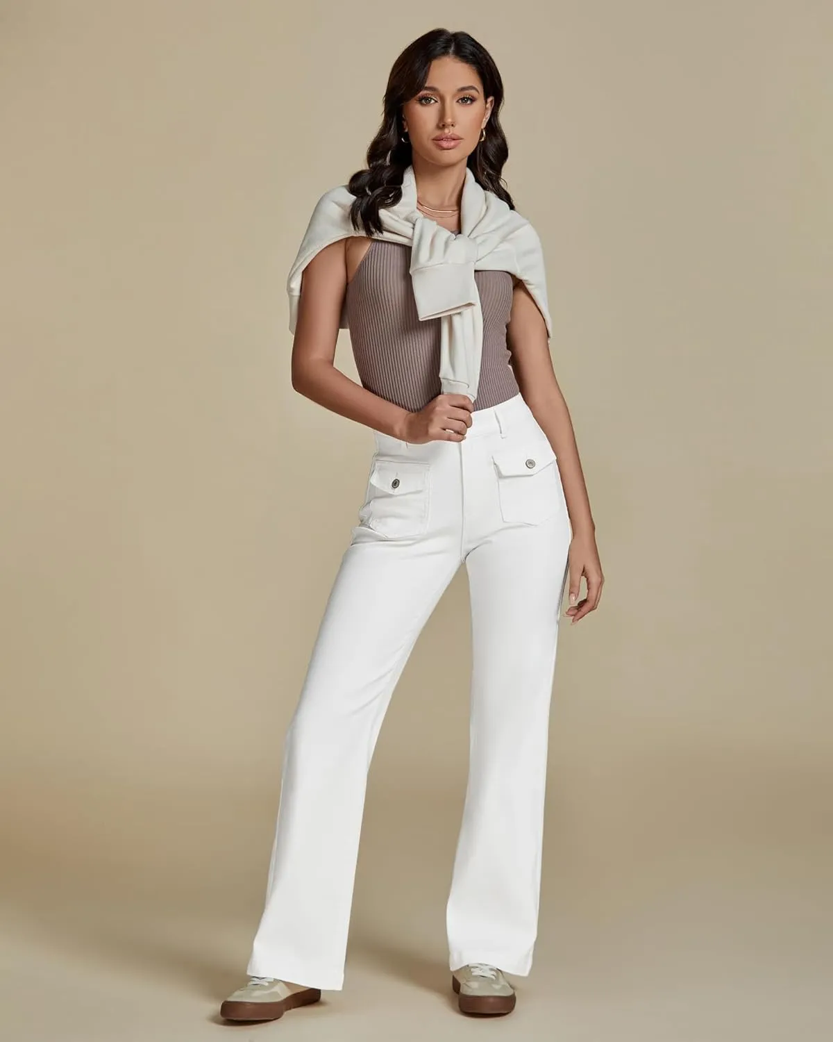 luvamia Wide Leg Jeans Woman High Waisted Trendy Stretchy Denim Work Trouser Jeans with Retro Button Flap Patch Pockets