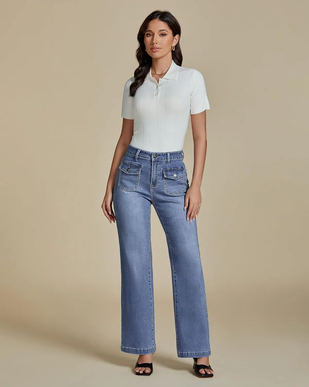 luvamia Wide Leg Jeans Woman High Waisted Trendy Stretchy Denim Work Trouser Jeans with Retro Button Flap Patch Pockets