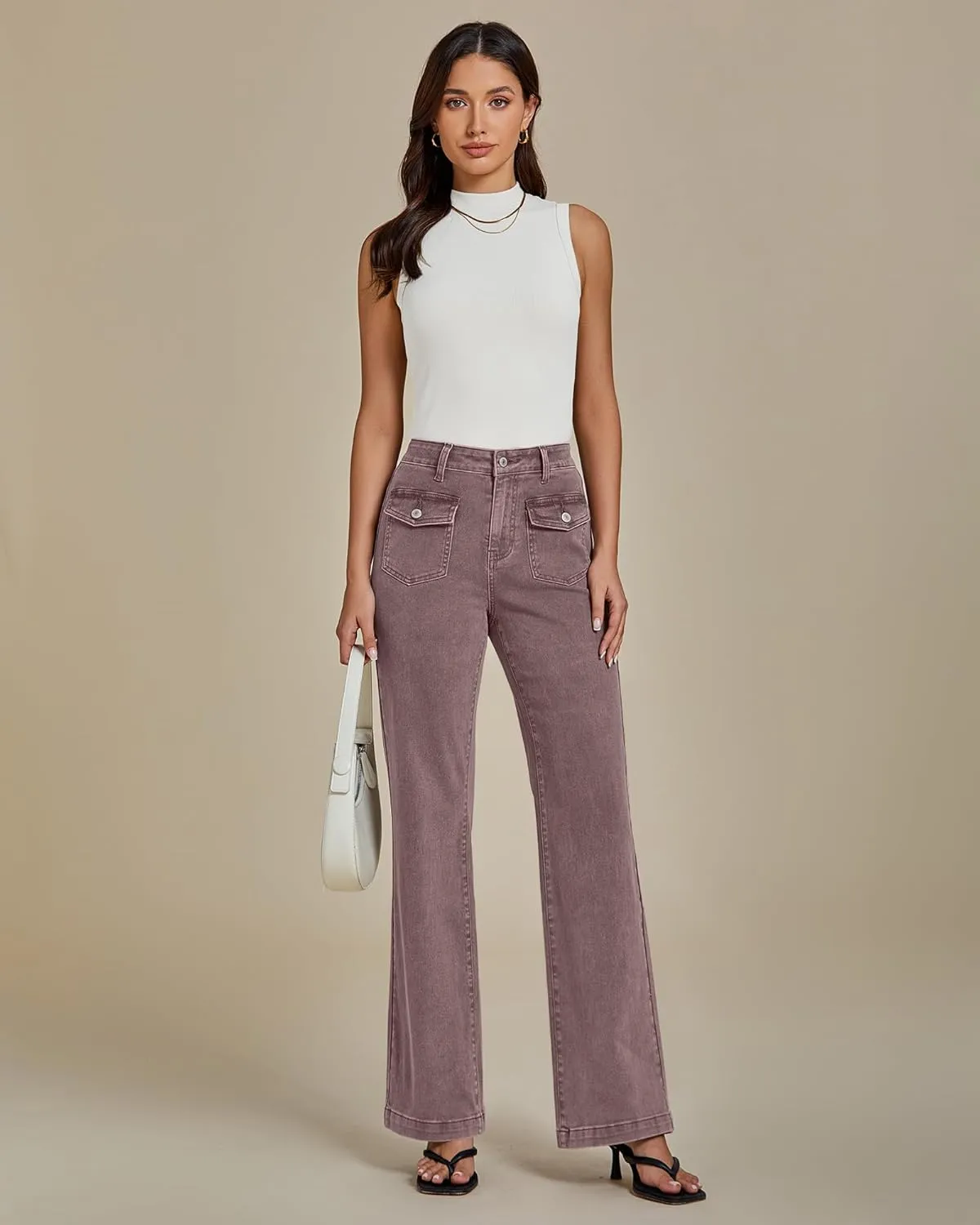 luvamia Wide Leg Jeans Woman High Waisted Trendy Stretchy Denim Work Trouser Jeans with Retro Button Flap Patch Pockets
