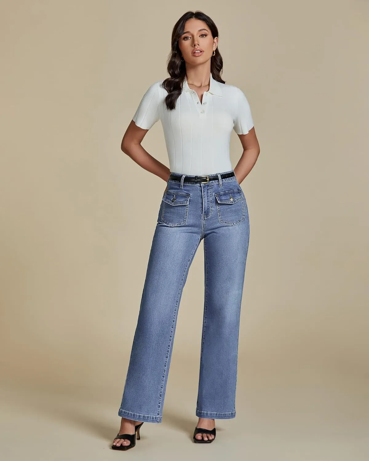 luvamia Wide Leg Jeans Woman High Waisted Trendy Stretchy Denim Work Trouser Jeans with Retro Button Flap Patch Pockets