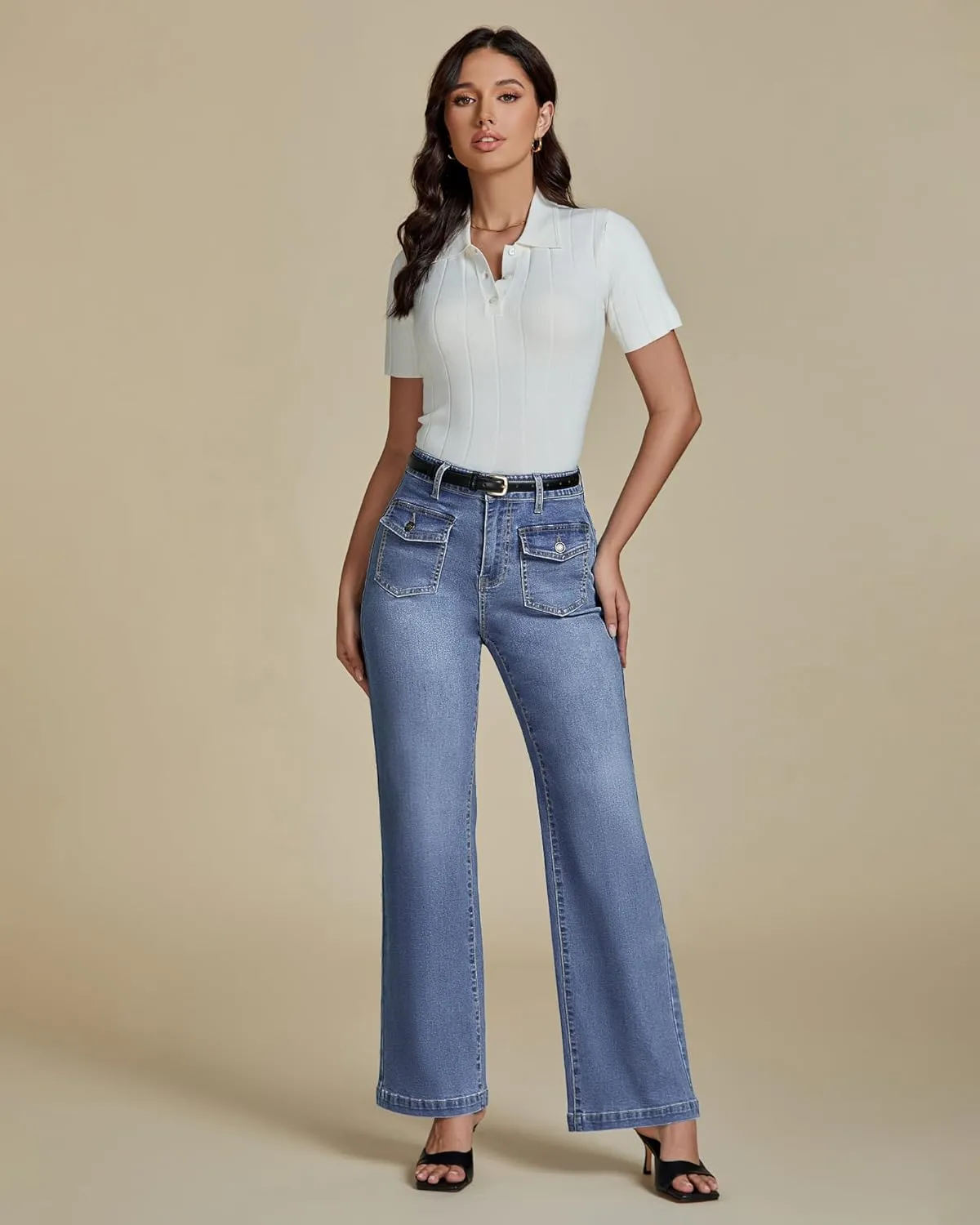 luvamia Wide Leg Jeans Woman High Waisted Trendy Stretchy Denim Work Trouser Jeans with Retro Button Flap Patch Pockets