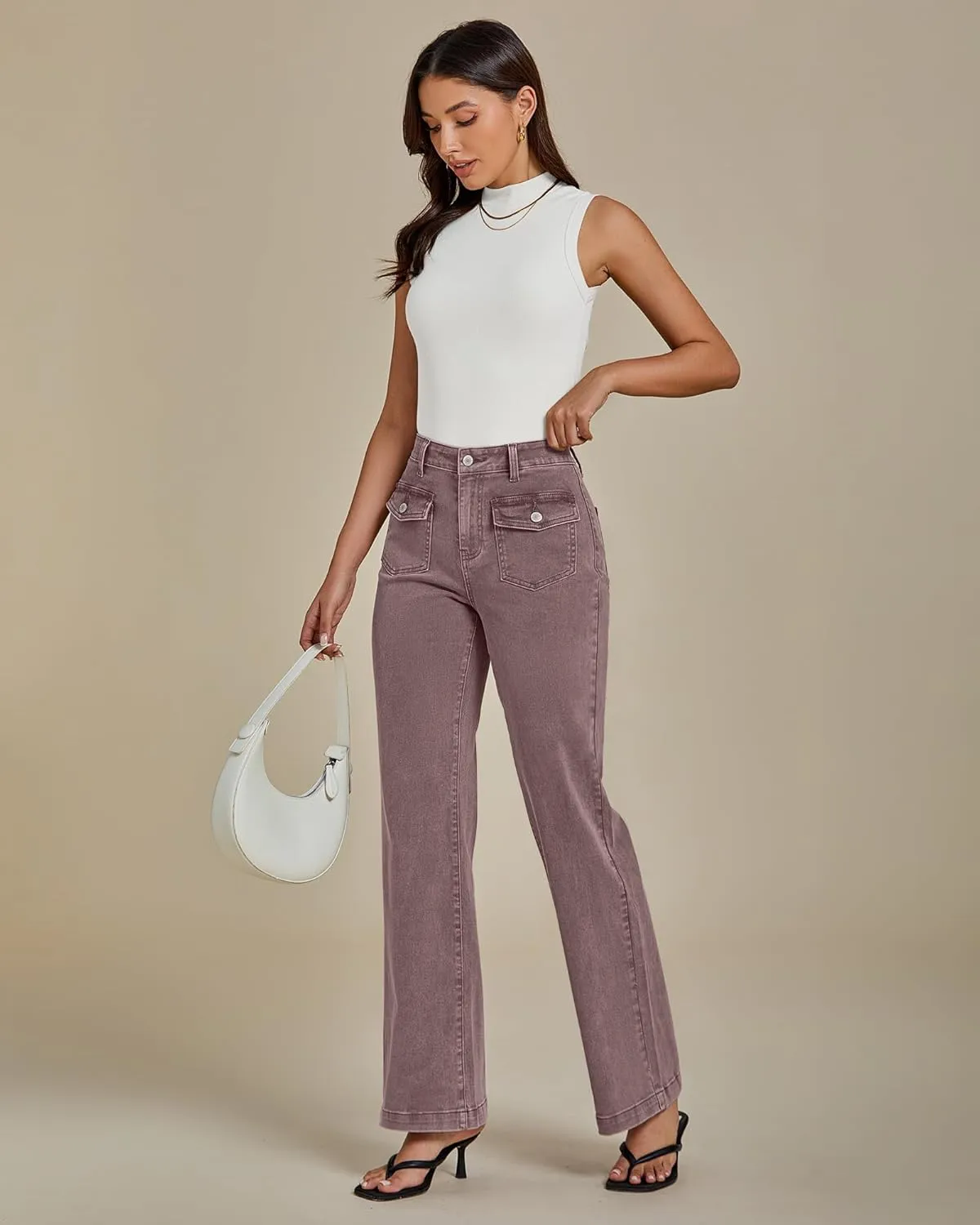 luvamia Wide Leg Jeans Woman High Waisted Trendy Stretchy Denim Work Trouser Jeans with Retro Button Flap Patch Pockets