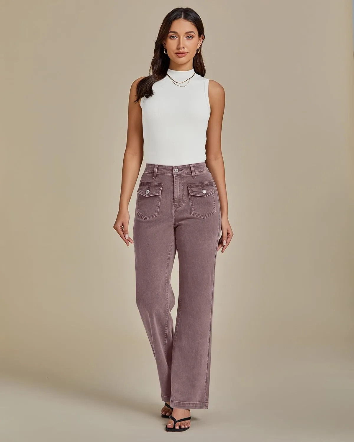 luvamia Wide Leg Jeans Woman High Waisted Trendy Stretchy Denim Work Trouser Jeans with Retro Button Flap Patch Pockets