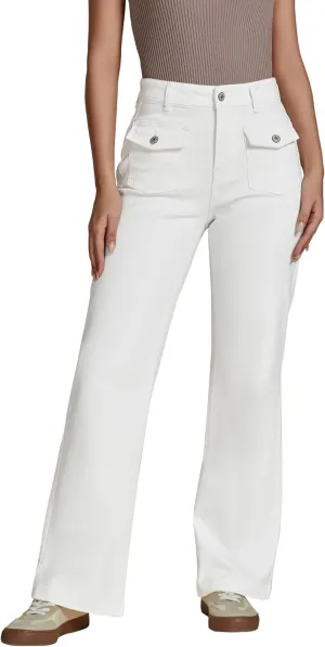 luvamia Wide Leg Jeans Woman High Waisted Trendy Stretchy Denim Work Trouser Jeans with Retro Button Flap Patch Pockets