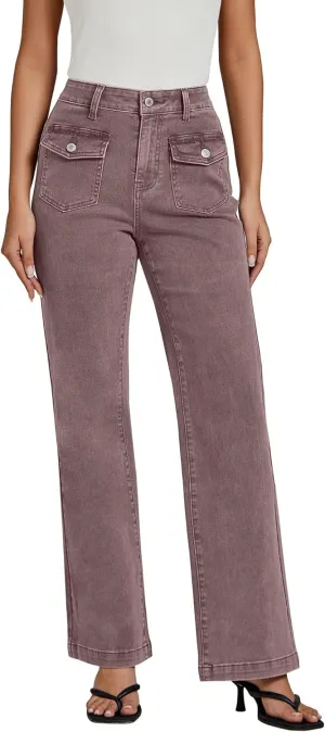 luvamia Wide Leg Jeans Woman High Waisted Trendy Stretchy Denim Work Trouser Jeans with Retro Button Flap Patch Pockets