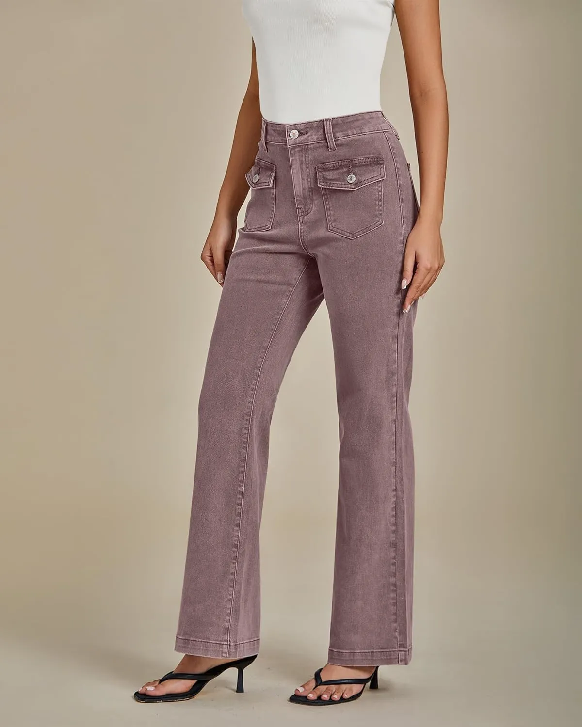 luvamia Wide Leg Jeans Woman High Waisted Trendy Stretchy Denim Work Trouser Jeans with Retro Button Flap Patch Pockets