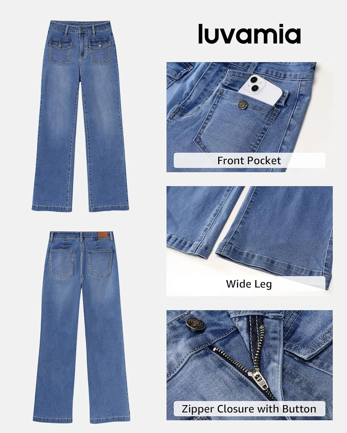 luvamia Wide Leg Jeans Woman High Waisted Trendy Stretchy Denim Work Trouser Jeans with Retro Button Flap Patch Pockets