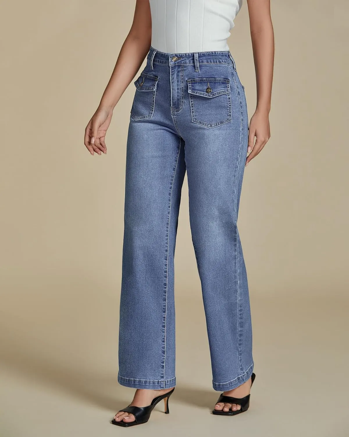 luvamia Wide Leg Jeans Woman High Waisted Trendy Stretchy Denim Work Trouser Jeans with Retro Button Flap Patch Pockets