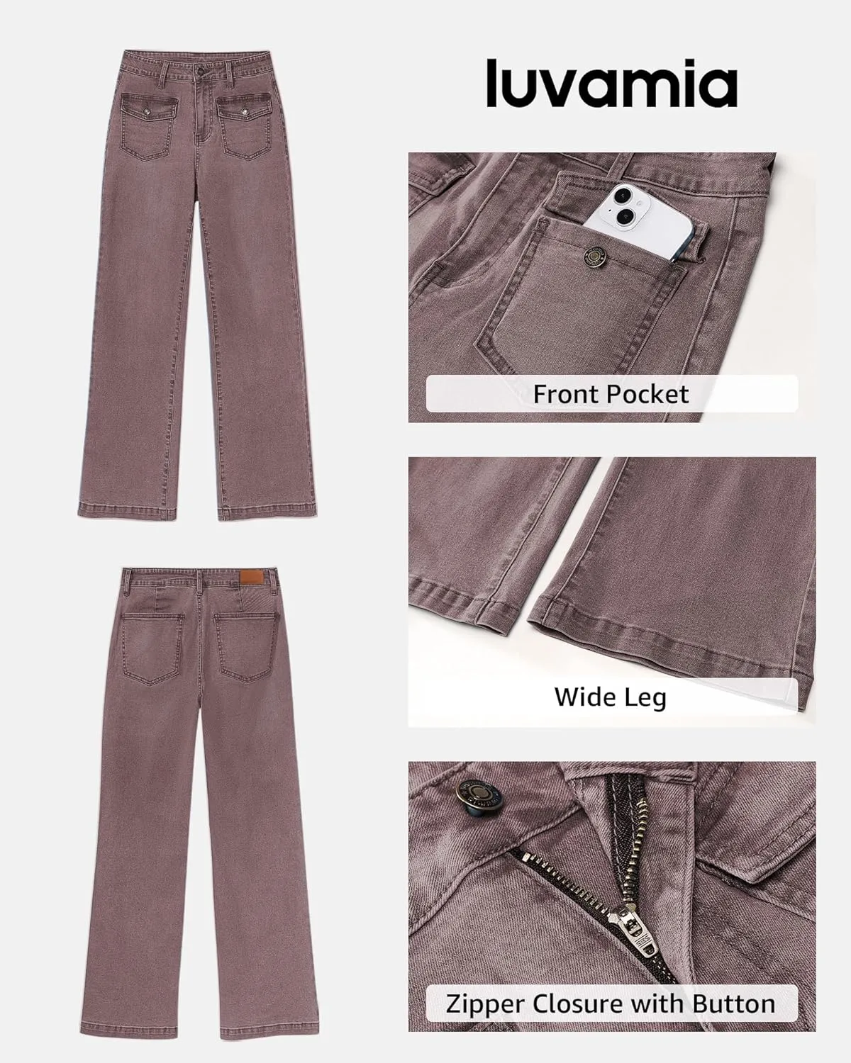 luvamia Wide Leg Jeans Woman High Waisted Trendy Stretchy Denim Work Trouser Jeans with Retro Button Flap Patch Pockets