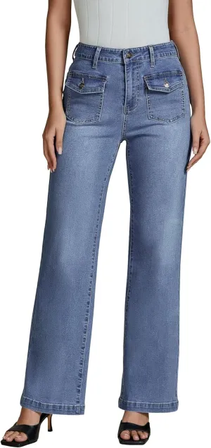 luvamia Wide Leg Jeans Woman High Waisted Trendy Stretchy Denim Work Trouser Jeans with Retro Button Flap Patch Pockets